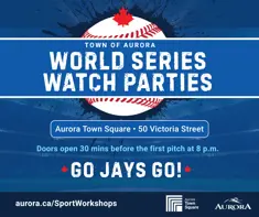 World Series Watch Party information poster, with location and times, listed in text on this page
