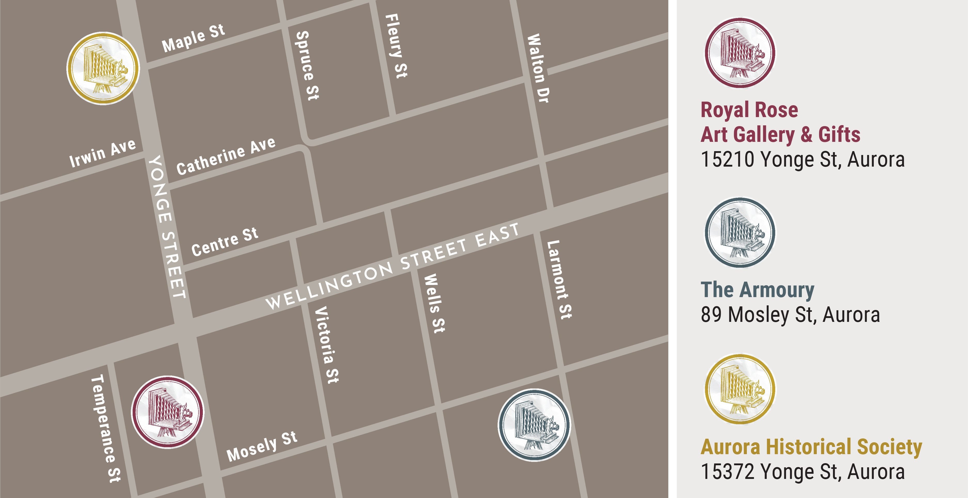 Aurora street map showing Royal Rose Art Gallery and Gifts, The Armoury and Aurora Historical Society locations