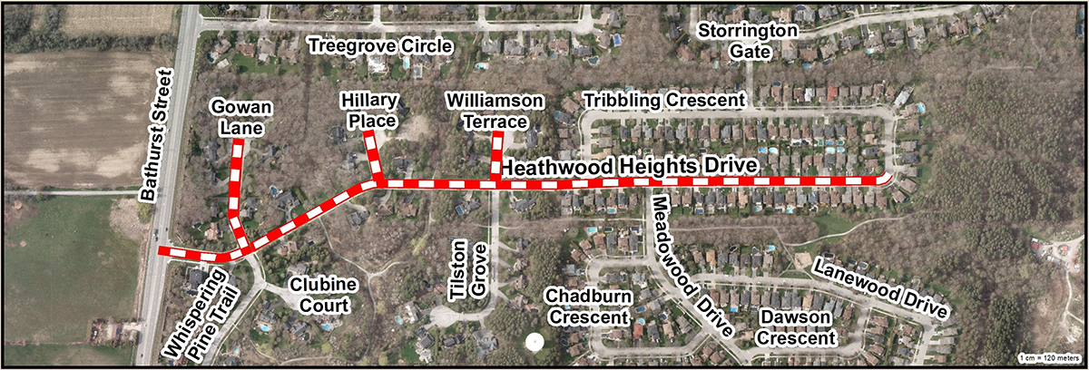 Satellite street view of Heathwood Heights Drive with a red dotten line marker, along with surrounding streets up to Bathurst Street