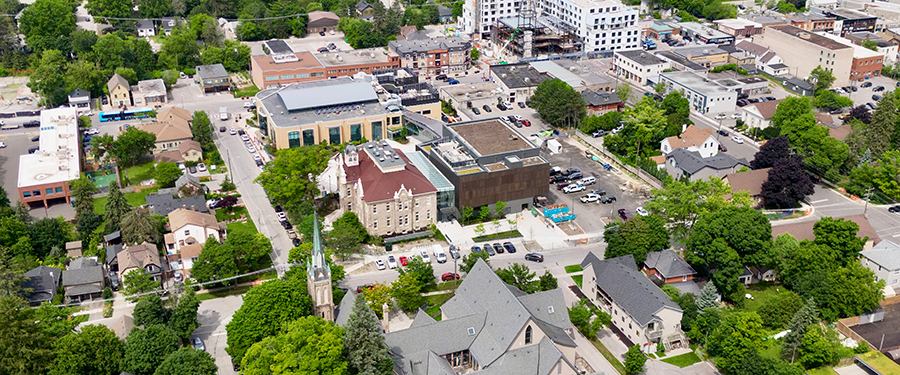 Areal view of Town Square, facing the school and new performance building