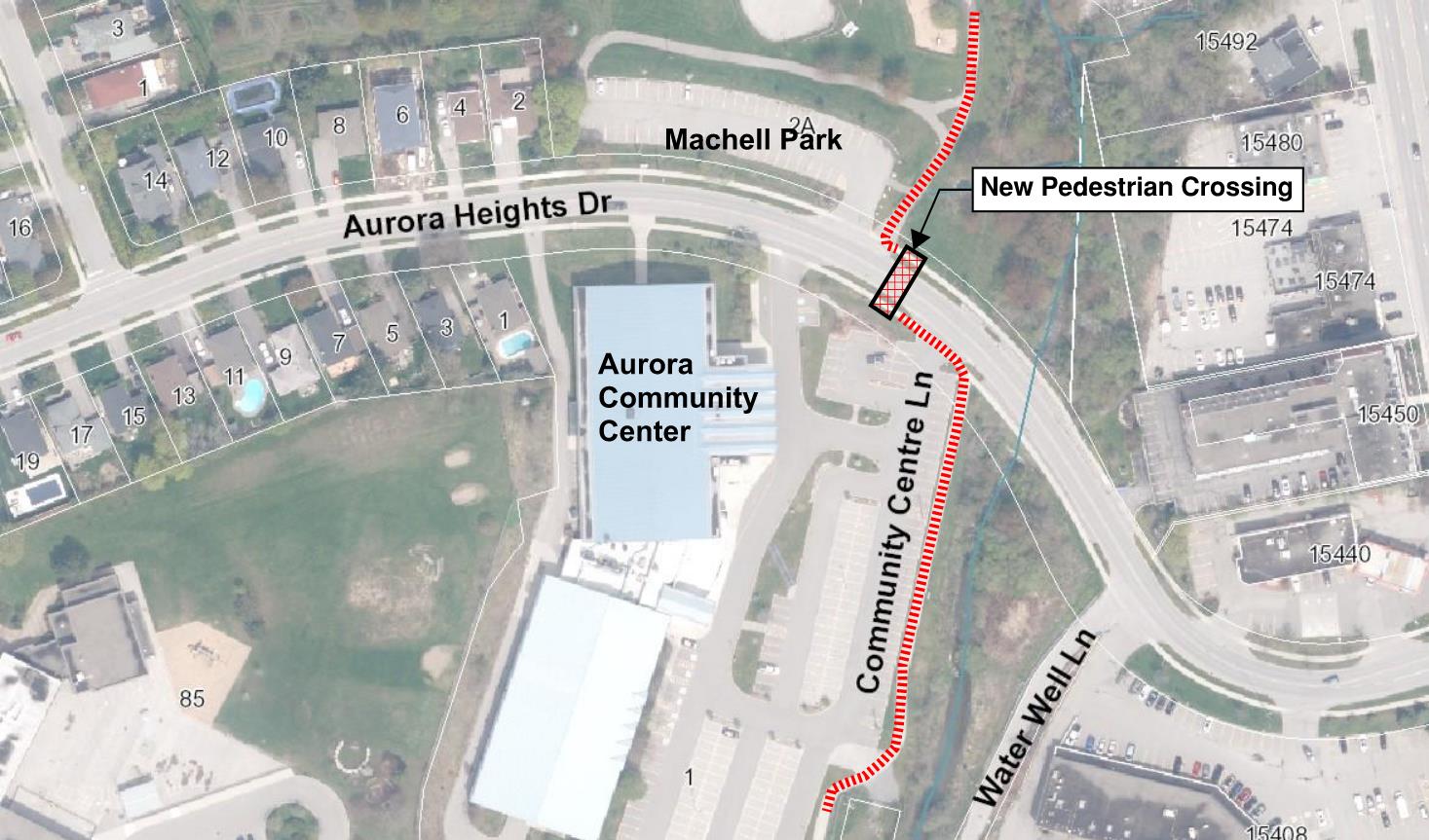 Aurora map showing Aurora Community Centre and surrounding, with red line over new crossing between the Aurora Community Center and Machell Park