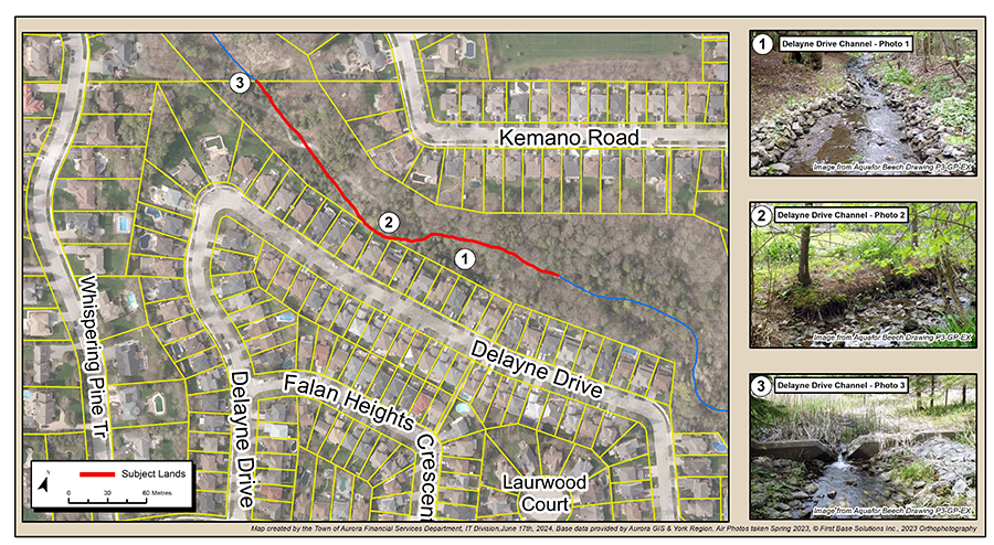 Town of Aurora map showing a red line marked beside Delayne Drive, near Kemano Road. Also shows three small pictures of water running through a stream