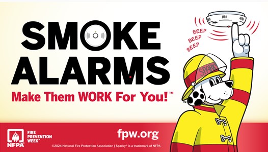 Smoke alarms poster. Make them work for you! Sparky pointing up at a fire alarm