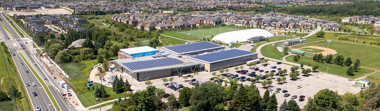 Drone aerial view of the front of the Stronach Aurora Recreation Complex