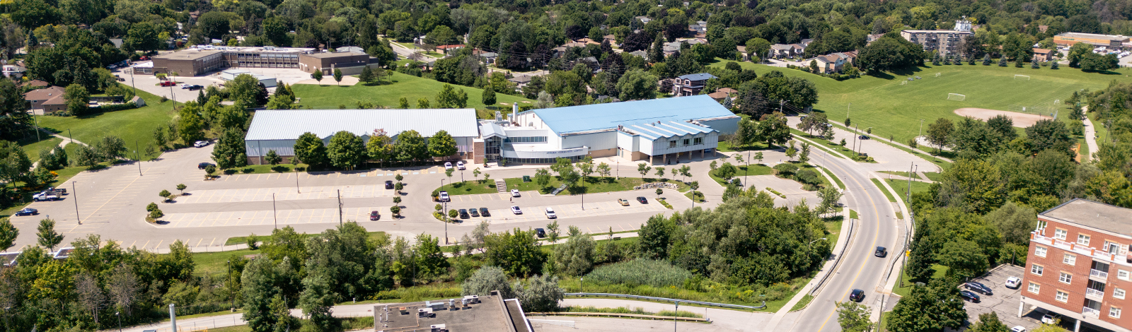 Aerial drone shot of the front of building Aurora Community Centre