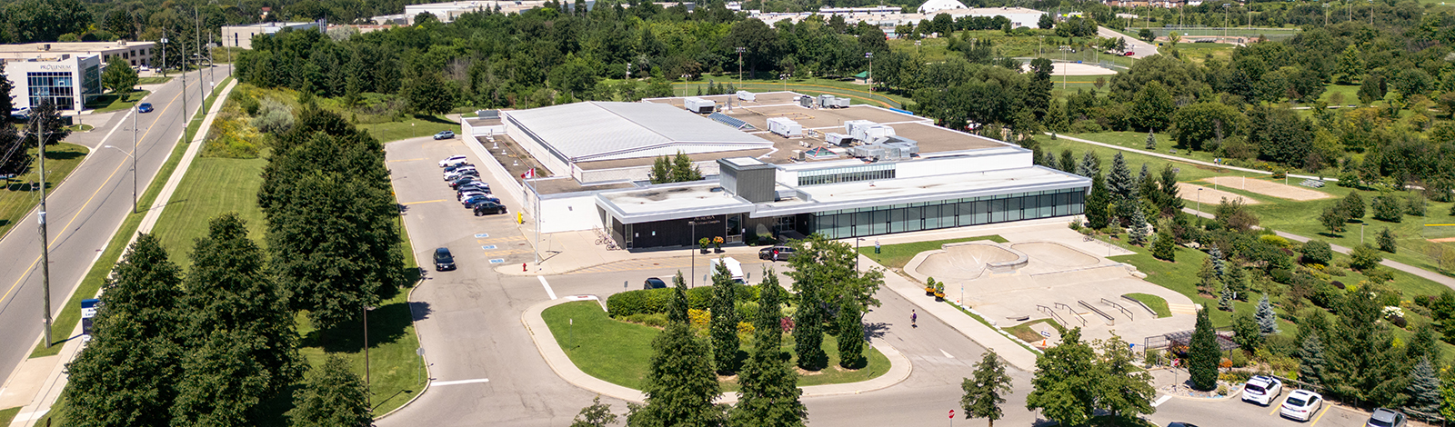 Aerial Drone picture of the Front of building Aurora Family Leisure Complex