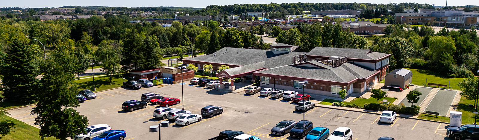 Aerial drone picture of front of building Aurora Seniors Centre