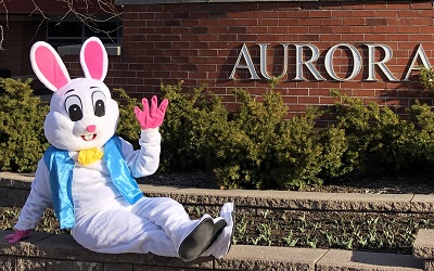 Easter Bunny in front of Aurora Town Hall