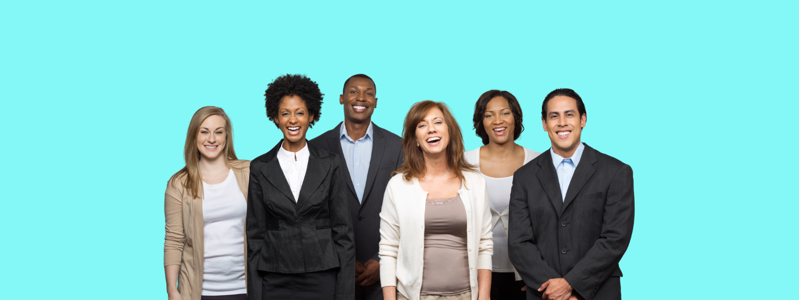 Diverse group of seven people, on a solid light blue background