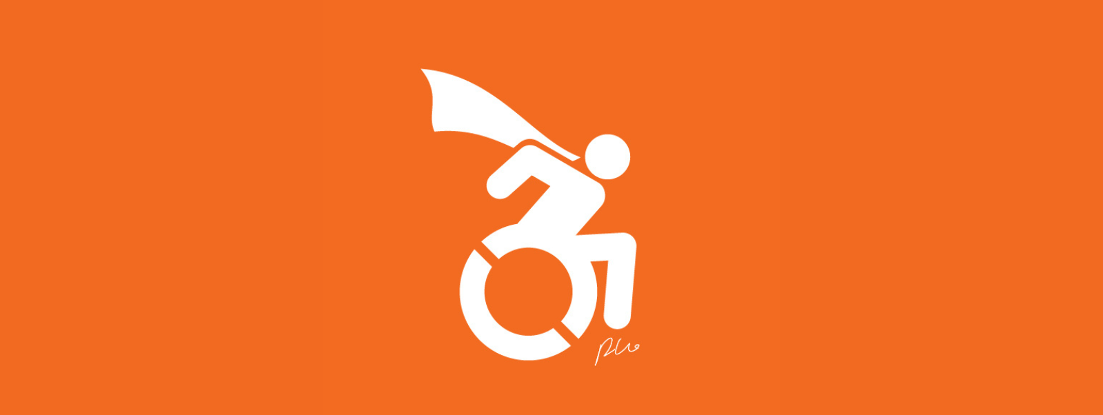 White graphic of a person in a wheel chair, in a cape, on an orange background