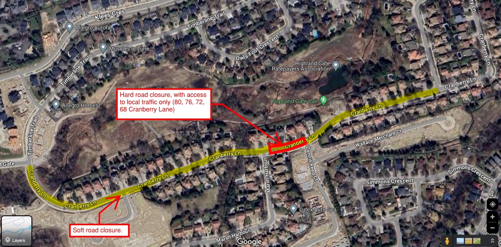 Google map showing a yellow line over Cranberry Ln, and road closure area between Dennis Reed Ct and Marsh Harbour