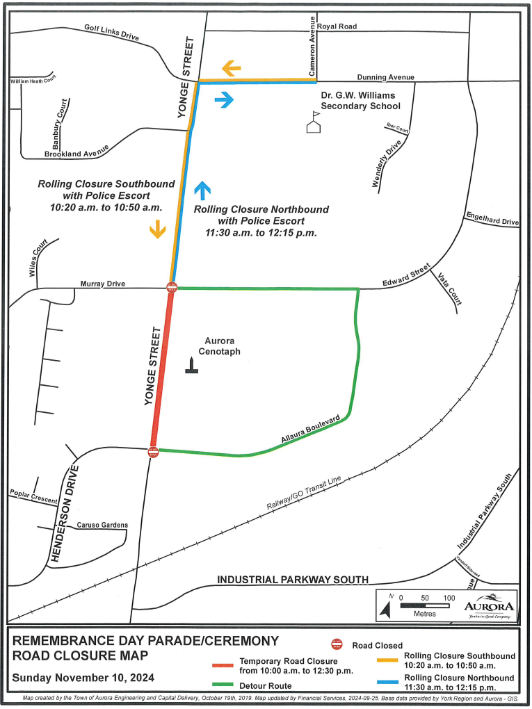 Aurora map of parade area, showing red line over Yonge St., between Murray Drive and Allaura Boulevard