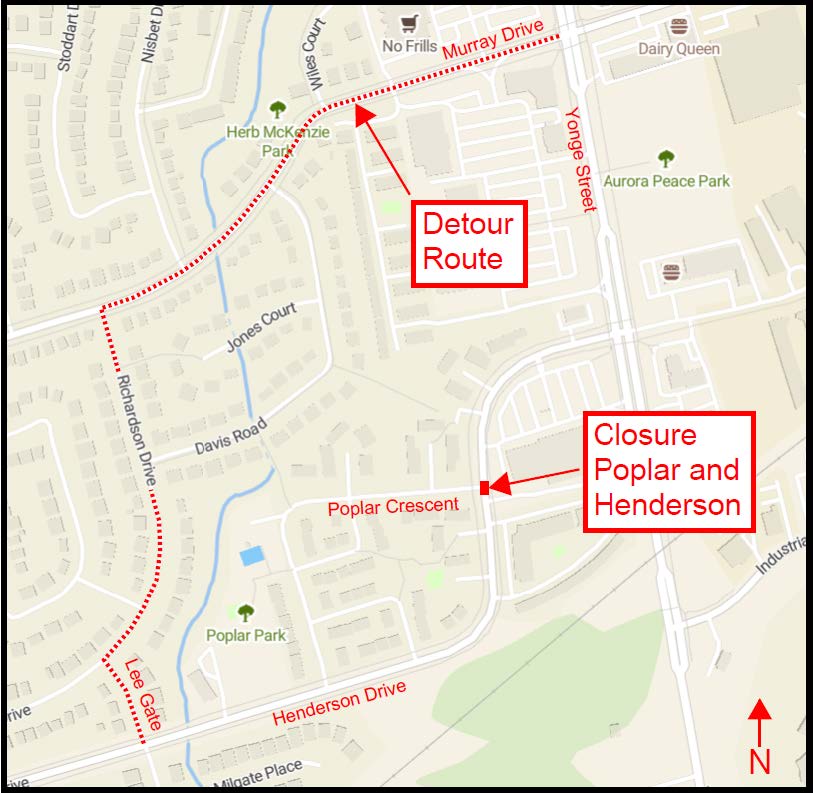 Map of construction area, showing closure at Poplar and Henderson and Detour on Murray Drive