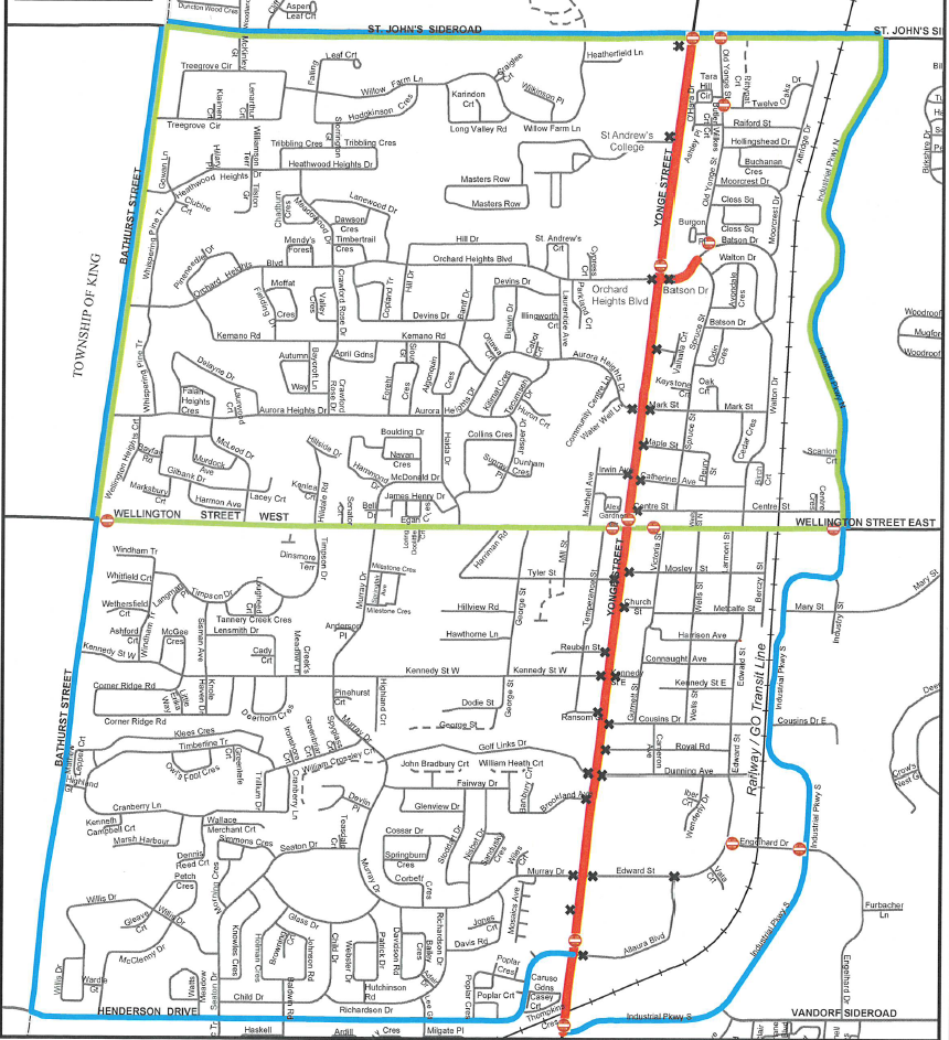 Aurora map showing red line over Yonge Street between St. John Sideroad and Industrial Parkway