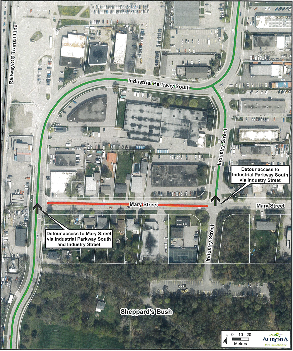 Overhead map showing red line over Mary Street, between Industry Street and Industrial Parkway South 