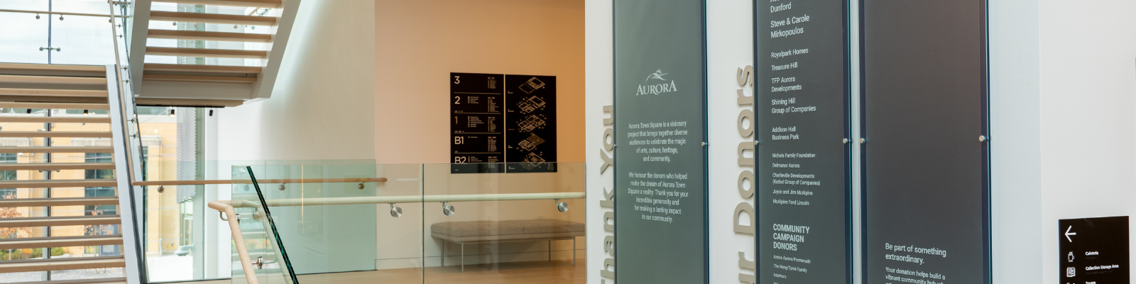 Donor wall at the entrance of Aurora Town Square in the Museum & Cultural Centre