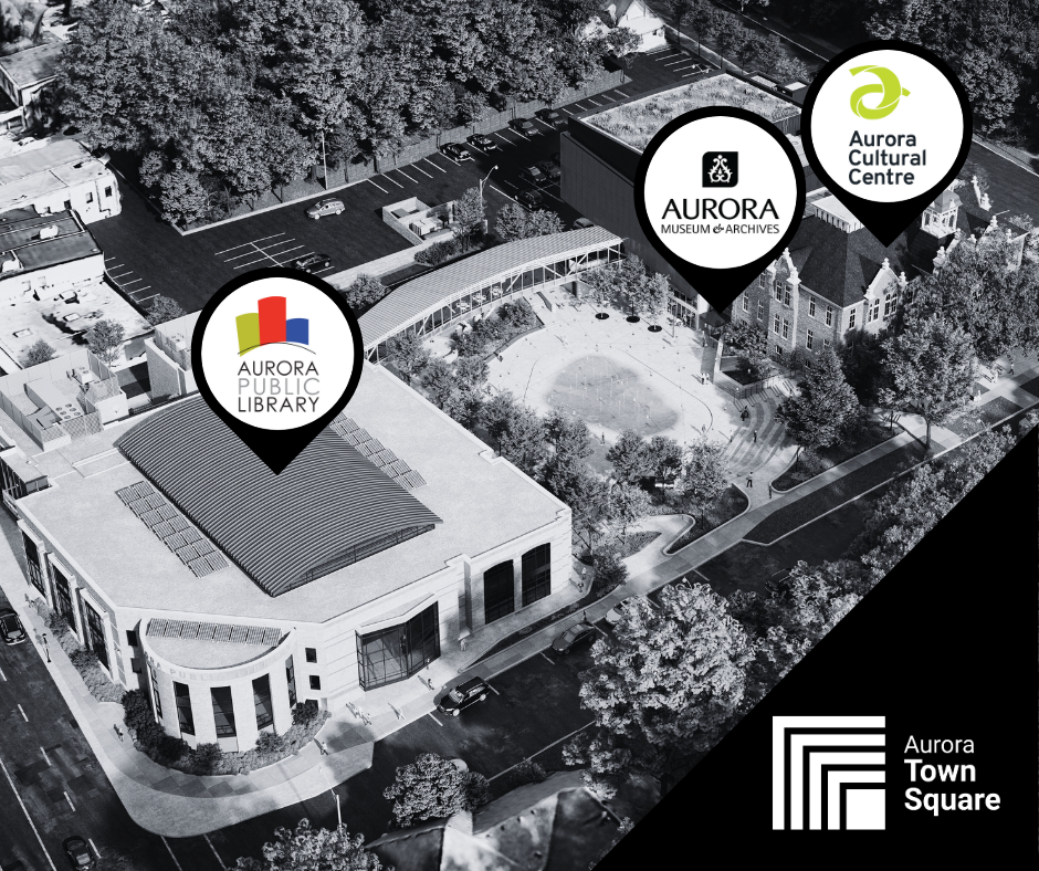 Black and white rendering of Aurora Town Square, with Aurora Public Library, Aurora Museum & Archives and Aurora Cultural Centre's logos.