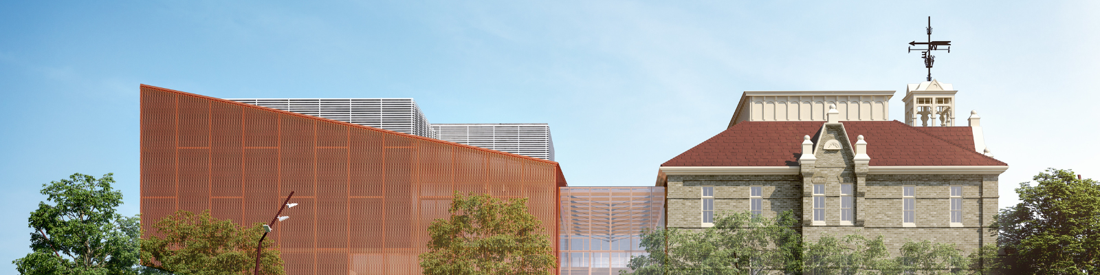 Rendering with the top part of the New Museum & Cultural Centre, glass atrium and Church Street School
