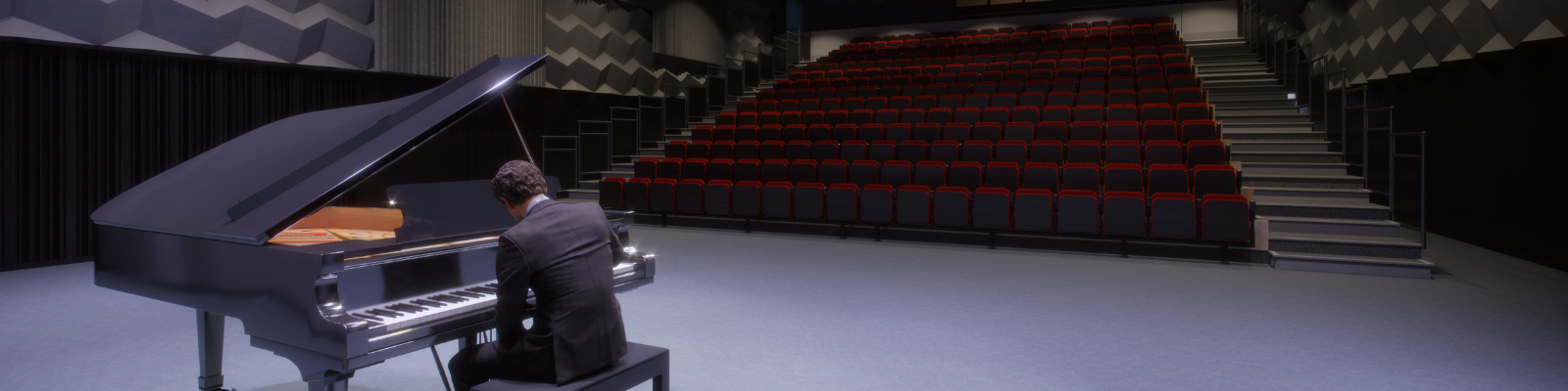 Rendering of a person playing piano in the Performance Hall.