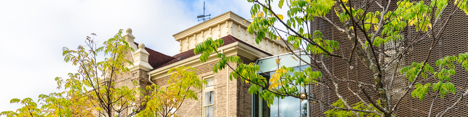 "Top of Aurora Town Square building with visible weather vane and surrounding trees"