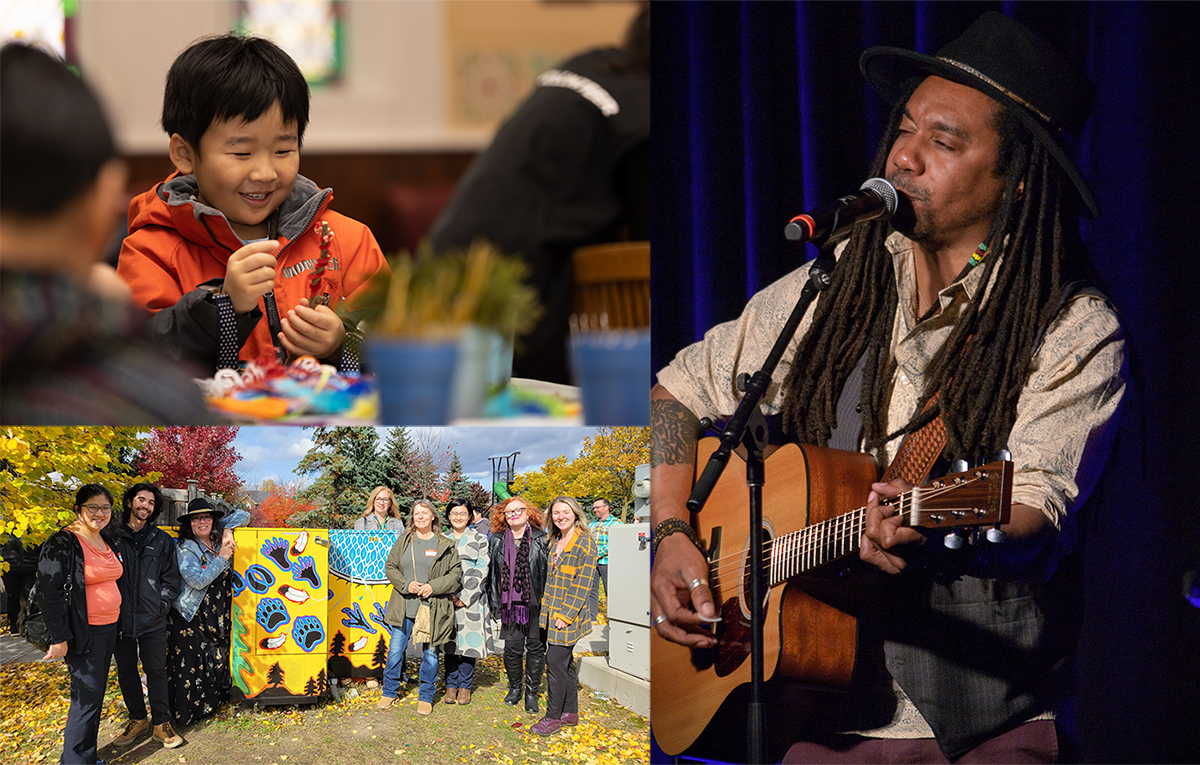 Collage of three images, one group of people outdoors by a colourful sign, a man playing guitar and a smiling boy doing crafts at a table with others
