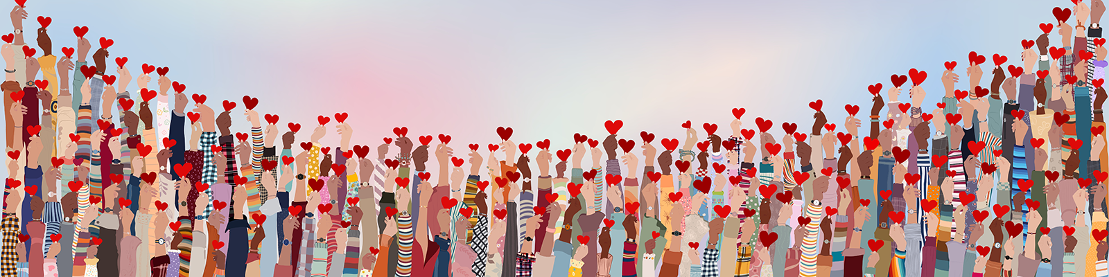 Many drawn hands coming out of the bottom, in many colours, all holding little red hearts