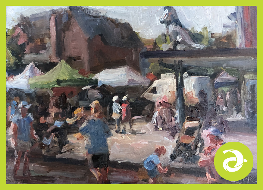 Oil painting of people at a market