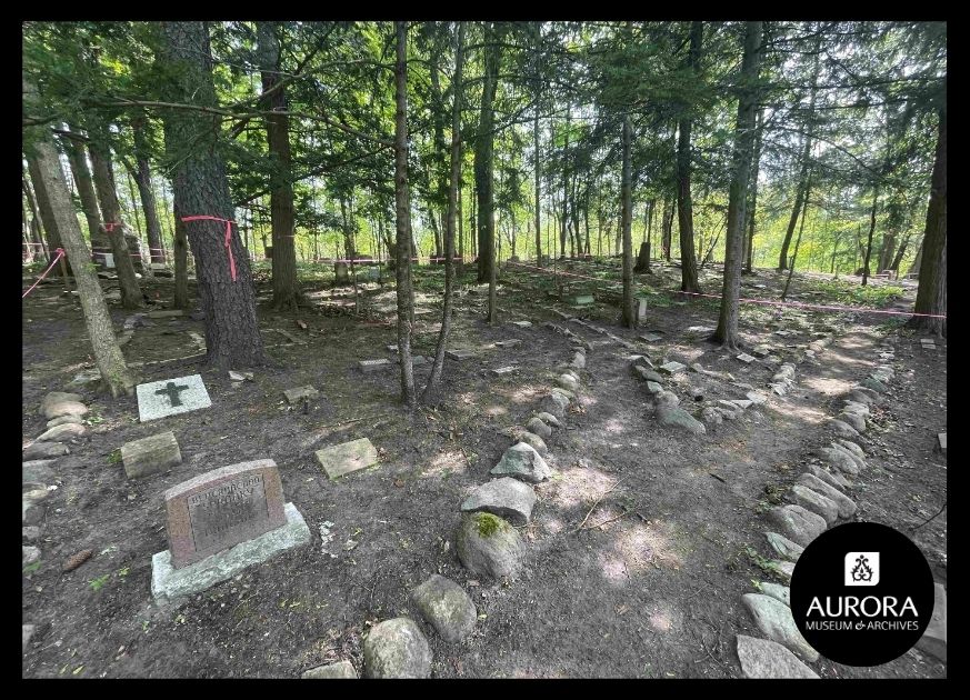 Pet tombstones in a wooded area