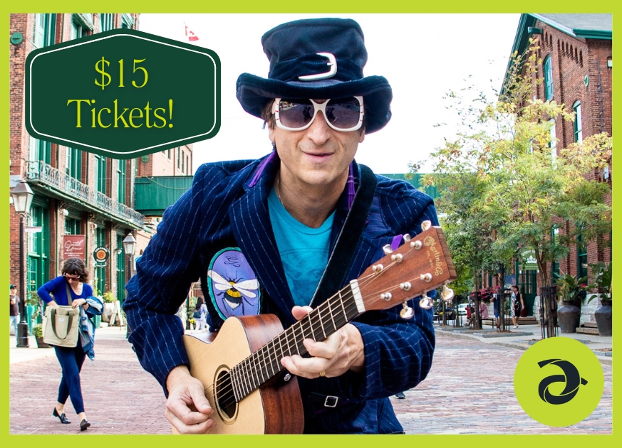 Man wearing a top hat and large sunglasses holding a guitar