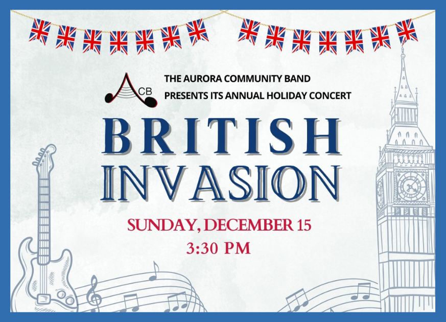 Graphic inspired by England with Big Ben and a guitar, along with text that says "British Invasion Sunday, December 15 at 3:30 p.m."