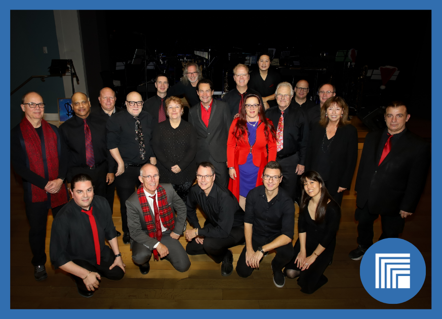 Dark background with many rows of members of the band