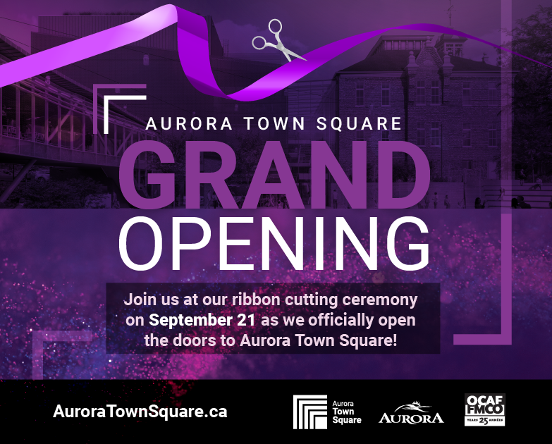 Purple grand opening poster with ribbon cutting ceremony September 21 announcement