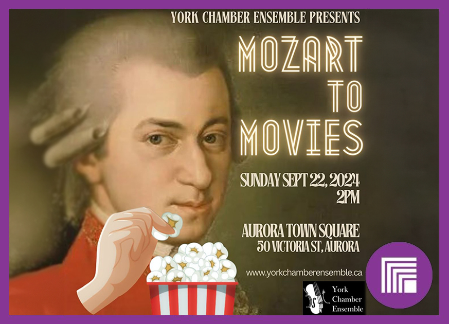 Graphic of Mozart, holding popcorn, with title, Mozart to Movies