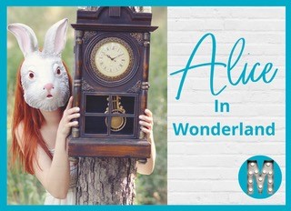 Woman dressed as a rabbit holding a grandfather clock, with text "Alice in Wonderland"