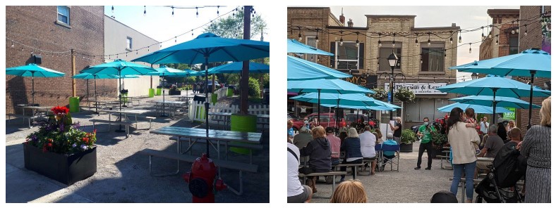 Two pictures of Machell’s Alley, with tables, umbrellas and people in the space