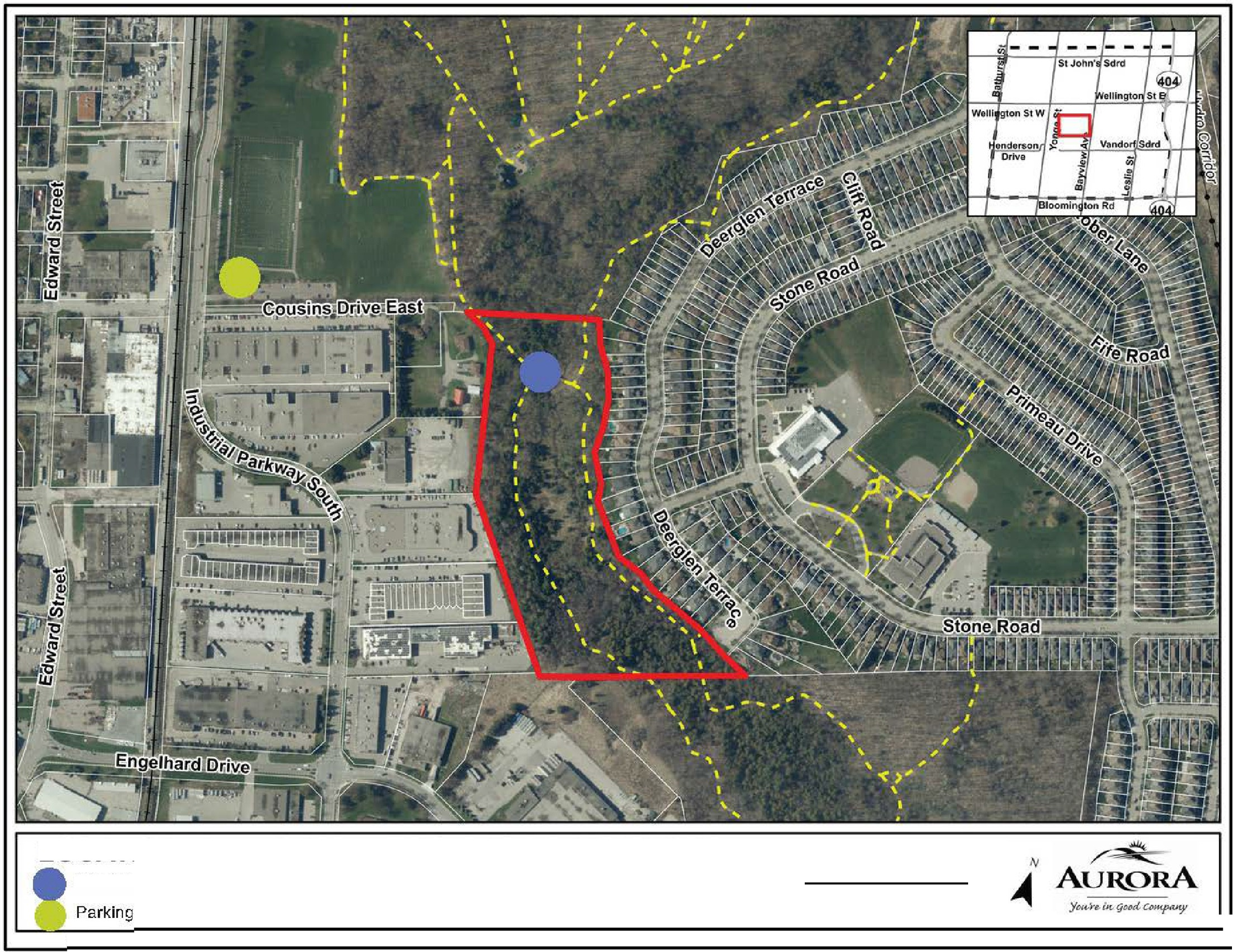 Sheppard's Bush Map with red line around wind phone location and parking near Cousin's Drive East